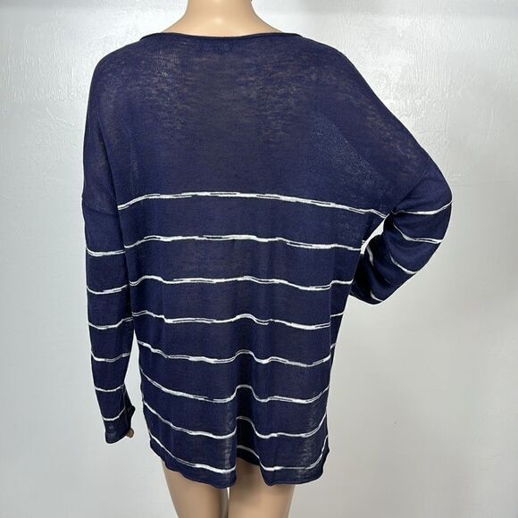 Eileen Fisher Organic Linen Navy Blue White Stripes Long Sleeve Top Size S - Picture 4 of 9